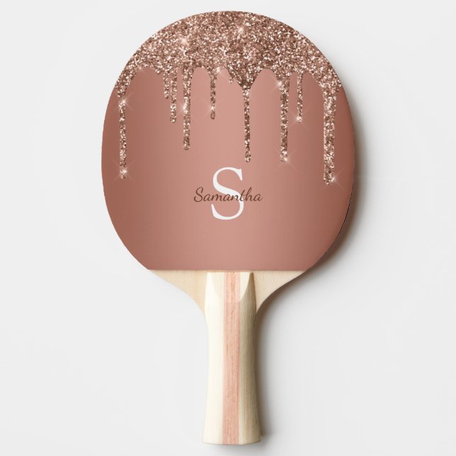 Roséguld Glitter Gnistrande Droppar Monogram Namn Pingisracket (Framsidan)