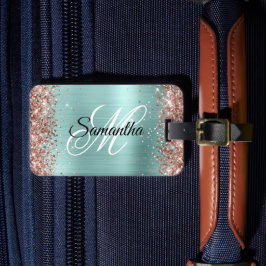 Roséguld Glitter Ljust Turkos Fancy Monogram Bagagebricka