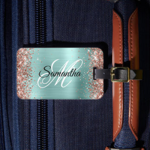 Roséguld Glitter Ljust Turkos Fancy Monogram Bagagebricka