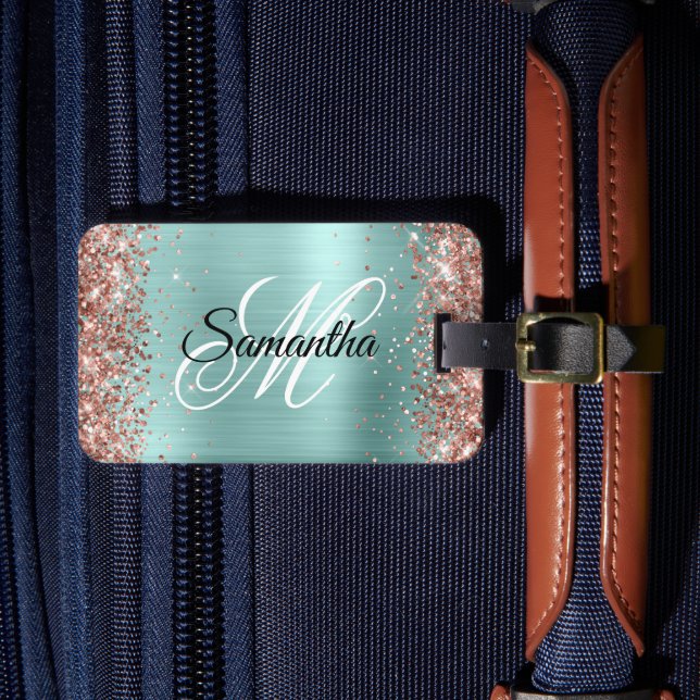 Roséguld Glitter Ljust Turkos Fancy Monogram Bagagebricka (Framsida Insitu 4)