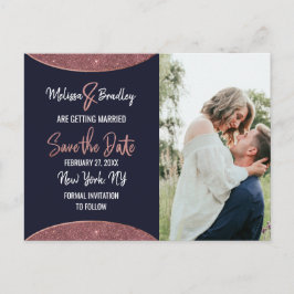 Roséguld glitter Marinblå Cirkulär Save the Date Meddelande Vykort