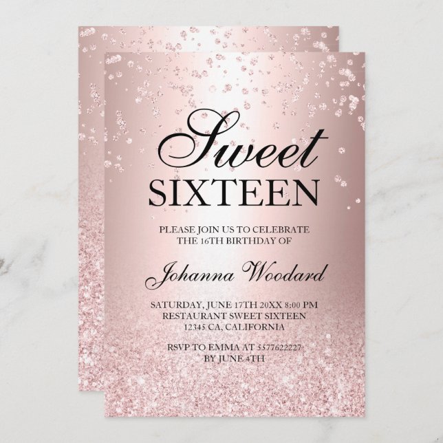 roséguld glitter metallisk konfetti Sweet 16 Inbjudningar (Fram/baksida)