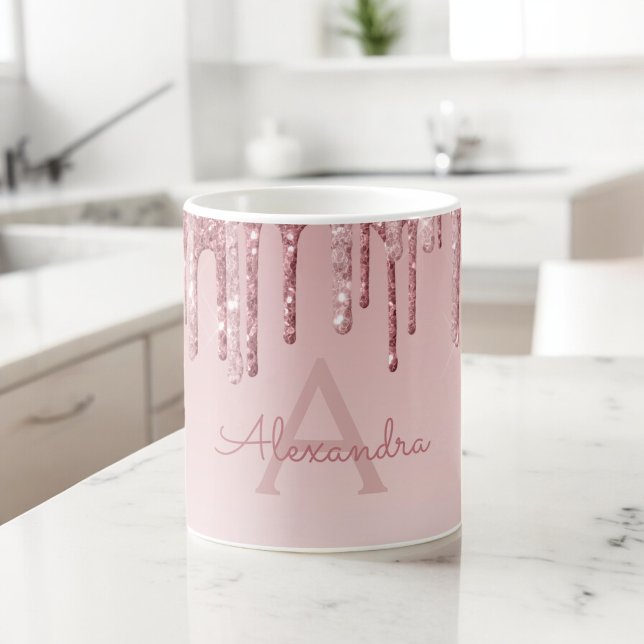 Roséguld Glitter Monogramnamn & Initial Kaffemugg (Skapare uppladdad)