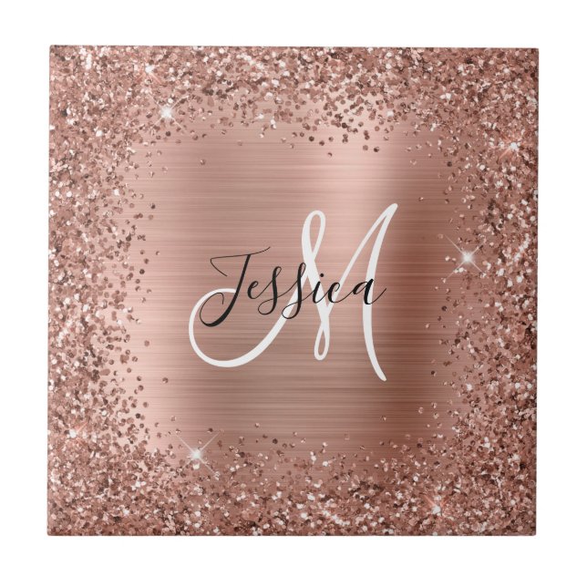 Roséguld glitter och folie girlly glamour monogram kakelplatta (Framsidan)