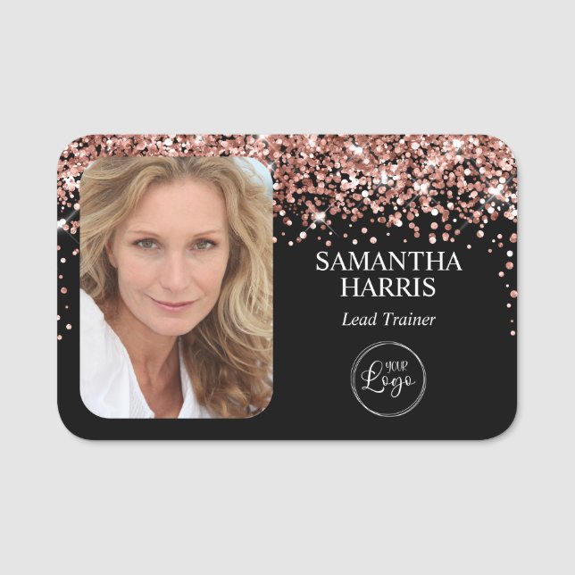 Roséguld Glitter och Svart Logotyp och Foto Namnbricka (Framsida)