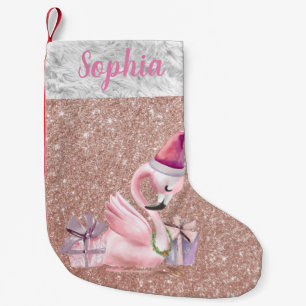 Roséguld glitter personlig flamingo-helg liten julstrumpa