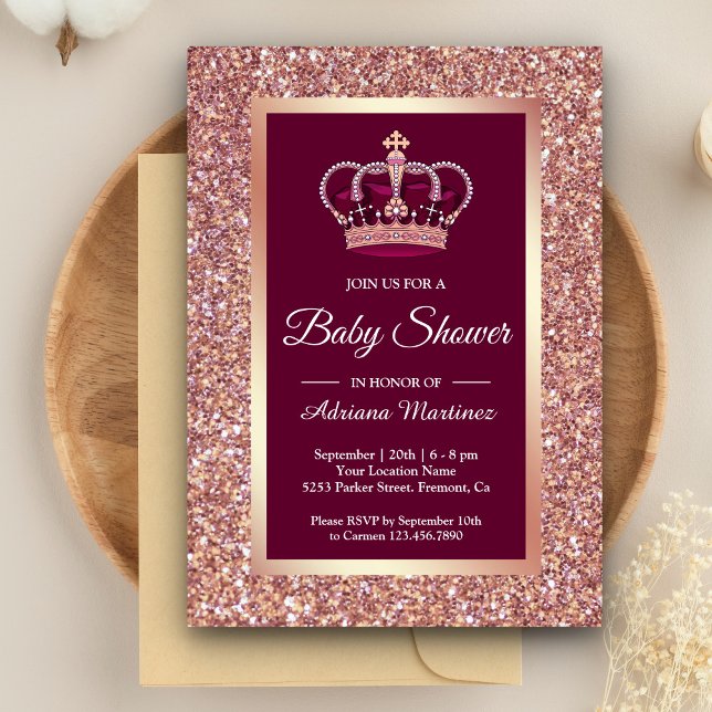 Roséguld Glitter Prinsess Krona Rosa Bebis Shower Inbjudningar (Skapare uppladdad)