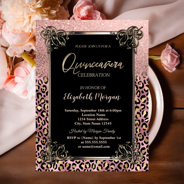 Roséguld Glitter Ramkant Leopard Quinceañera Inbjudningar (Skapare uppladdad)