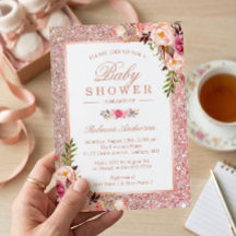 Roséguld Glitter Rosa Blommig Flickbaby Baby Showe