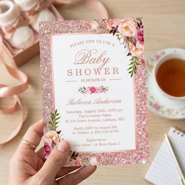 Roséguld Glitter Rosa Blommig Flickbaby Baby Showe Inbjudningar (Skapare uppladdad)