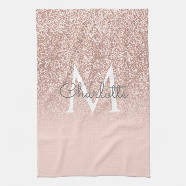 Roséguld glitter Rosa Monogram Girlaktig Kökshandduk (Vertikal)
