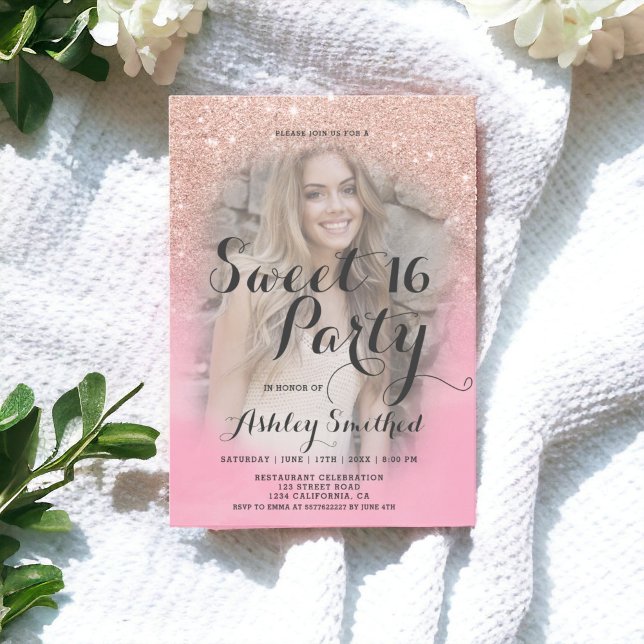 Roséguld glitter rosa vattenfärg foto Sweet 16 Inbjudningar (Rose gold glitter pink watercolor photo Sweet 16 Invitation)