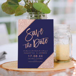 Roséguld glitter skrift marinblå save the date meddelande vykort