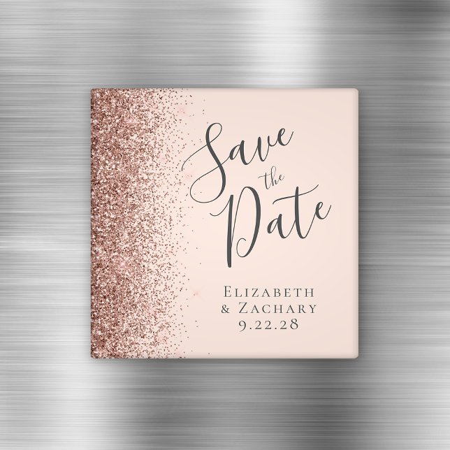 Roséguld glitter Skript Spara datumet Magnet (Skapare uppladdad)