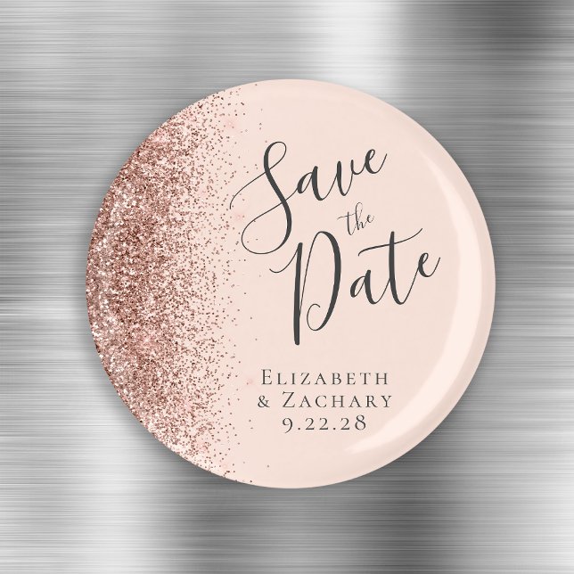 Roséguld glitter Skript Spara datumet Magnet (Skapare uppladdad)