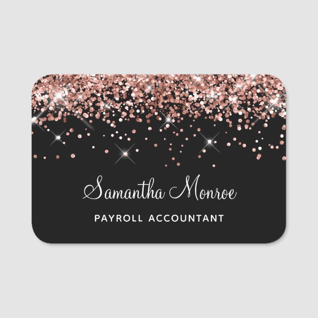 Roséguld glitter svart namnbricka (Framsida)