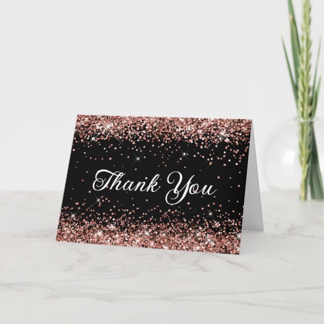 Roséguld glitter svart tack kort (Framsida)