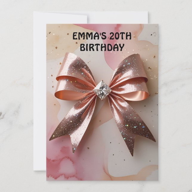 Roséguld glitterdiamantbåge födelsedag  inbjudningar (Framsida)