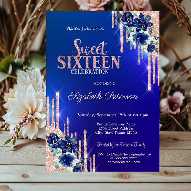 Roséguld glitterdroppar Blå blommor Sweet 16 Inbjudningar (Skapare uppladdad)