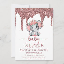 Roséguld Glitterdroppar Elefant Tjej Baby Shower Inbjudningar