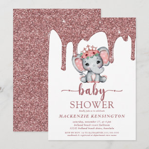 Roséguld Glitterdroppar Elefant Tjej Baby Shower Inbjudningar