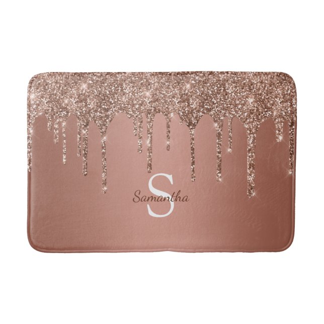 Roséguld Glitterdroppar Gnistrande Monogram Namn Badrumsmatta (Framsidan)