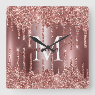 Roséguld Glitterdroppar Monogram Anpassad Fyrkantig Klocka