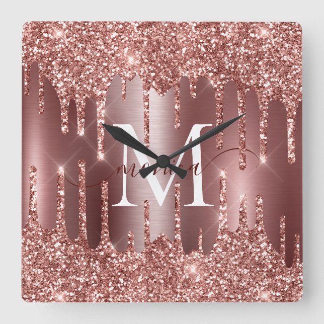 Roséguld Glitterdroppar Monogram Anpassad Fyrkantig Klocka (Framsida)