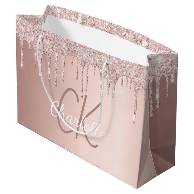 Roséguld glitterdroppar monogram elegant skrift (Baksidan Vinklad)