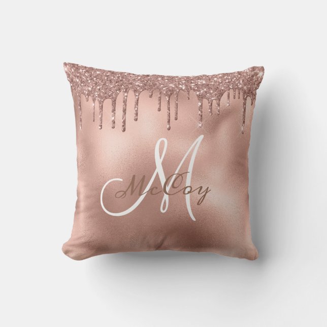 Roséguld glitterdroppar Monogram Familjenamn Kudde (Framsida)