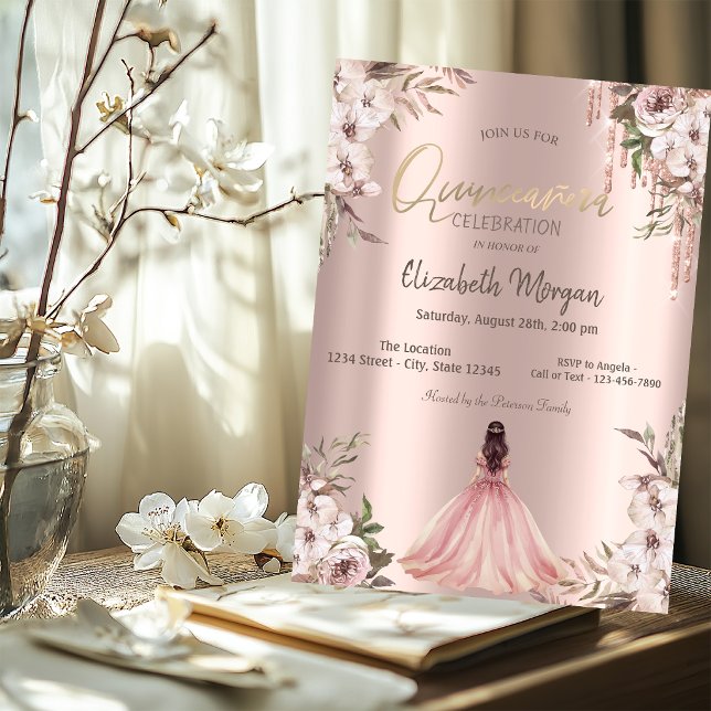 Roséguld glitterdroppar Prinsessklänning Blommor  Inbjudningar (Skapare uppladdad)