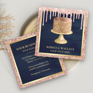 Roséguld Glitterdroppar Rosa Damask Tårta Bageri Fyrkantigt Visitkort
