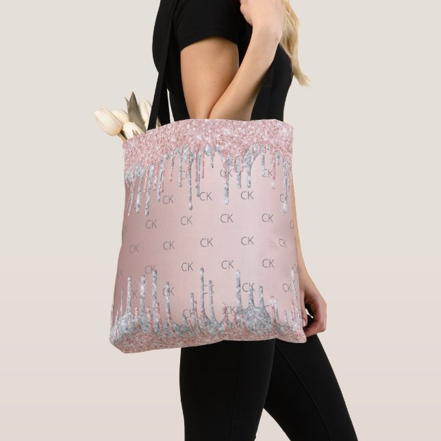 Roséguld glitterdroppar silvermonogram elegant  tygkasse (Närbild)