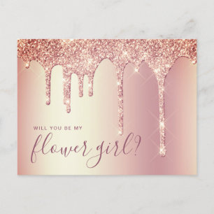 Roséguld glitterdroppar vill du vara min blomsterf inbjudan vykort