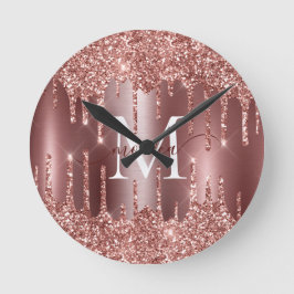 Roséguld glitterdroppsmonogram Personlig vägg Rund Klocka