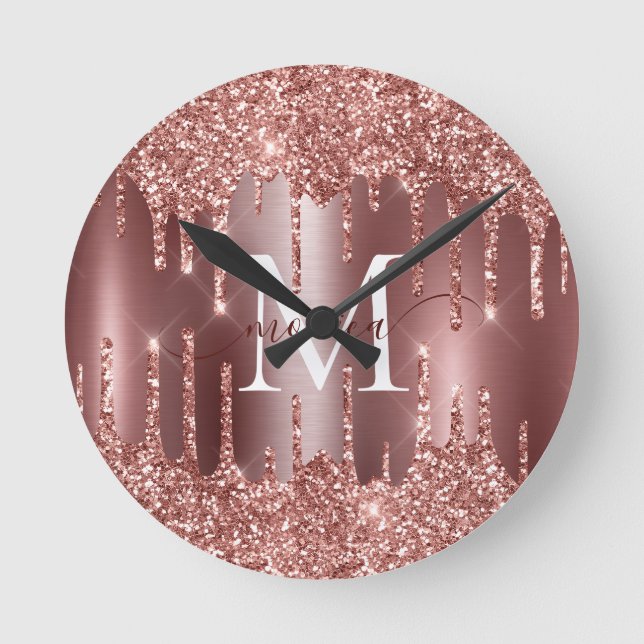 Roséguld glitterdroppsmonogram Personlig vägg Rund Klocka (Framsida)