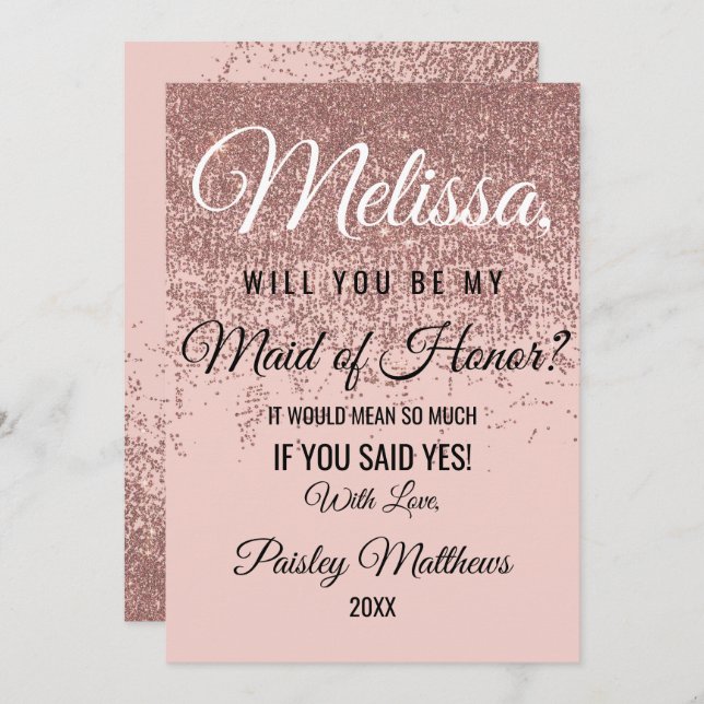 Roséguld glittergnistrande rosa brudtjänare inbjudningar (Fram/baksida)
