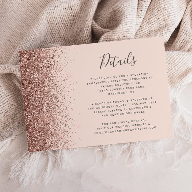 Roséguld glitterkant Blush Rosa Bröllopsdetaljer Tilläggskort (Skapare uppladdad)