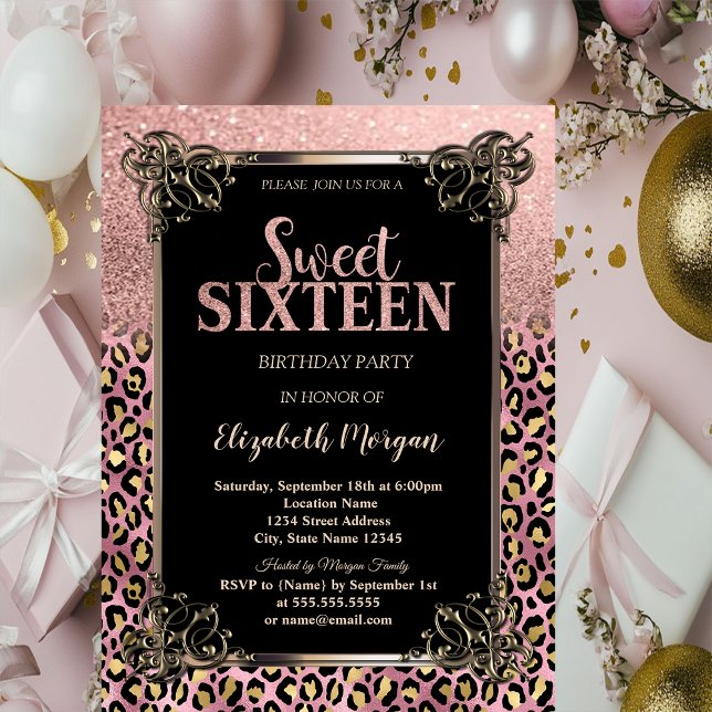 Roséguld glitterkant leopard Sweet 16 Inbjudningar (Skapare uppladdad)