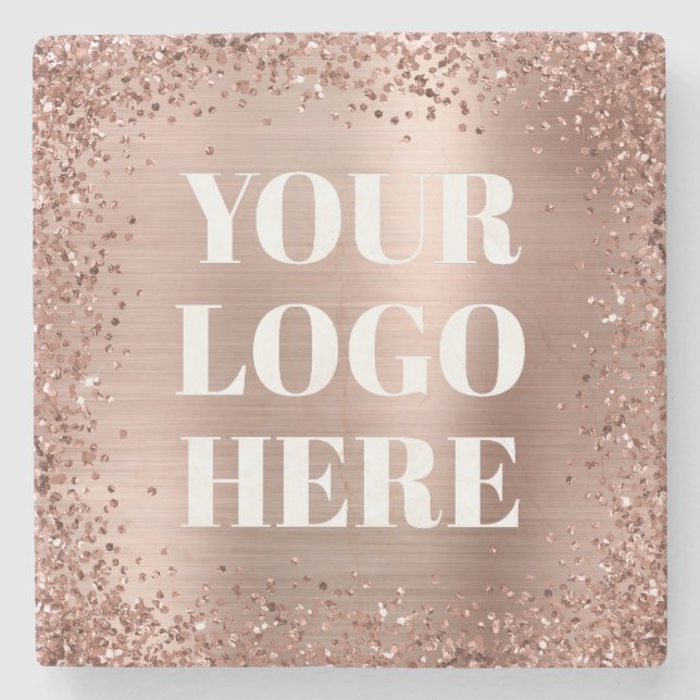 Roséguld glitterkant och folielogo stenunderlägg (Framsidan)