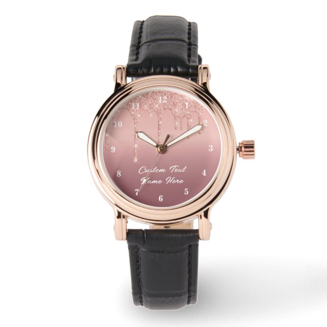Roséguld glitterklocka med anpassad text namn armbandsur (Framsida)