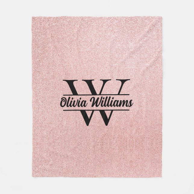 Roséguld glittermonogram | Girlig modern glans  Fleecefilt (Framsidan)