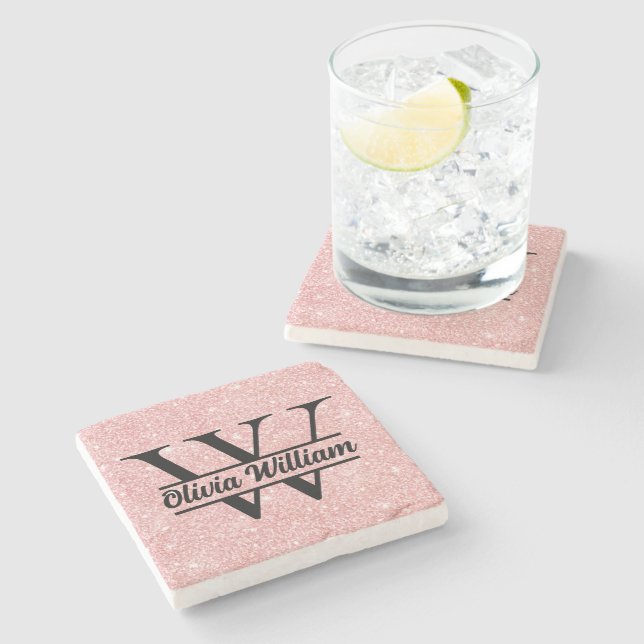 Roséguld Glittermonogram | Girlig Modern Glans Stenunderlägg (Sidan)