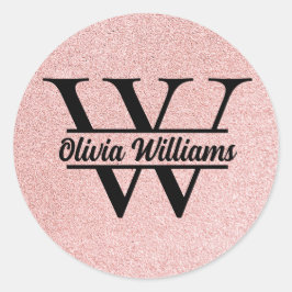 Roséguld Glittermonogram | Modernt flickaktigt gni Runt Klistermärke