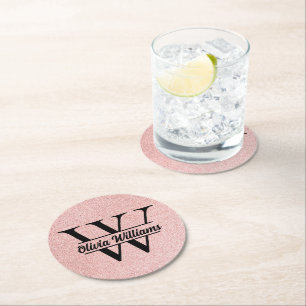 Roséguld Glittermonogram   Modernt flickaktigt gni Underlägg Papper Rund
