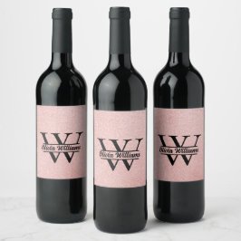 Roséguld Glittermonogram | Modernt flickaktigt gni Vinflaska Etikett