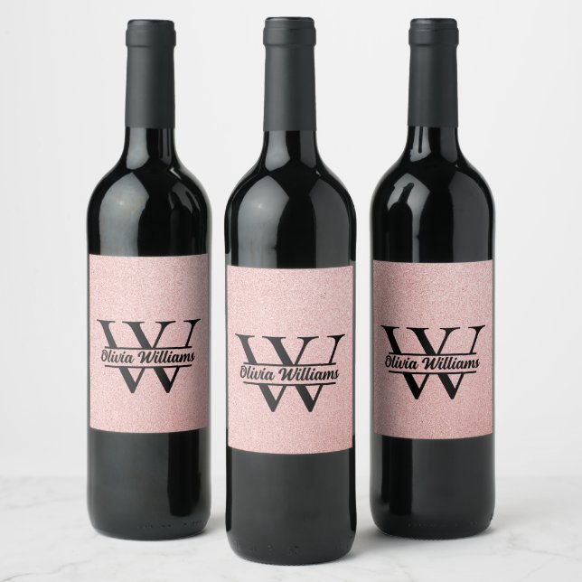 Roséguld Glittermonogram | Modernt flickaktigt gni Vinflaska Etikett (Flaskor)
