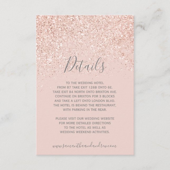 Roséguld glitterrosa grå bröllopsdetaljer tilläggskort (Framsida)