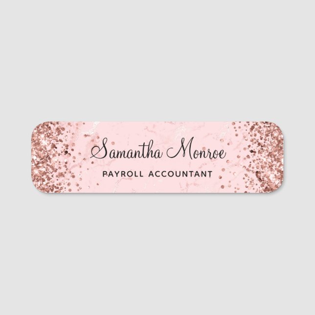 Roséguld glitterrosa marmor namnbricka (Framsida)
