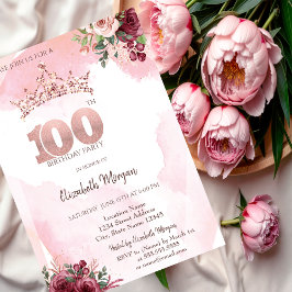 Roséguld glitterrosor krona 100-årsdag  inbjudningar